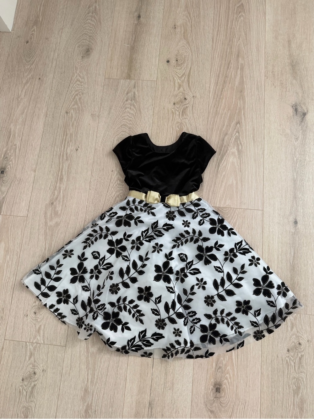 Jona Michelle Black and White Floral Dress with Gold Waist Bow